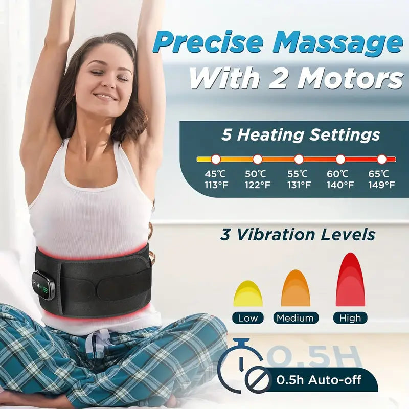 "Rechargeable Heated Massage Belt – Soothing Heat & Vibration for Instant Back Pain Relief! | 3-Temperature Heating Pad for Lower Back Comfort